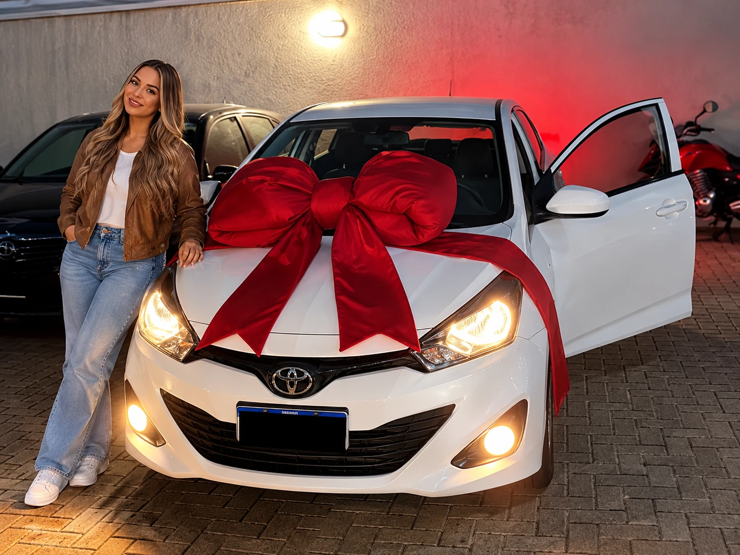 Escena ilustrativa de una mujer junto a un coche blanco con un gran lazo rojo